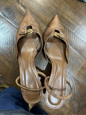 Women's Zara Brown Pointed Toe Slingback Flats with Gold Buckle